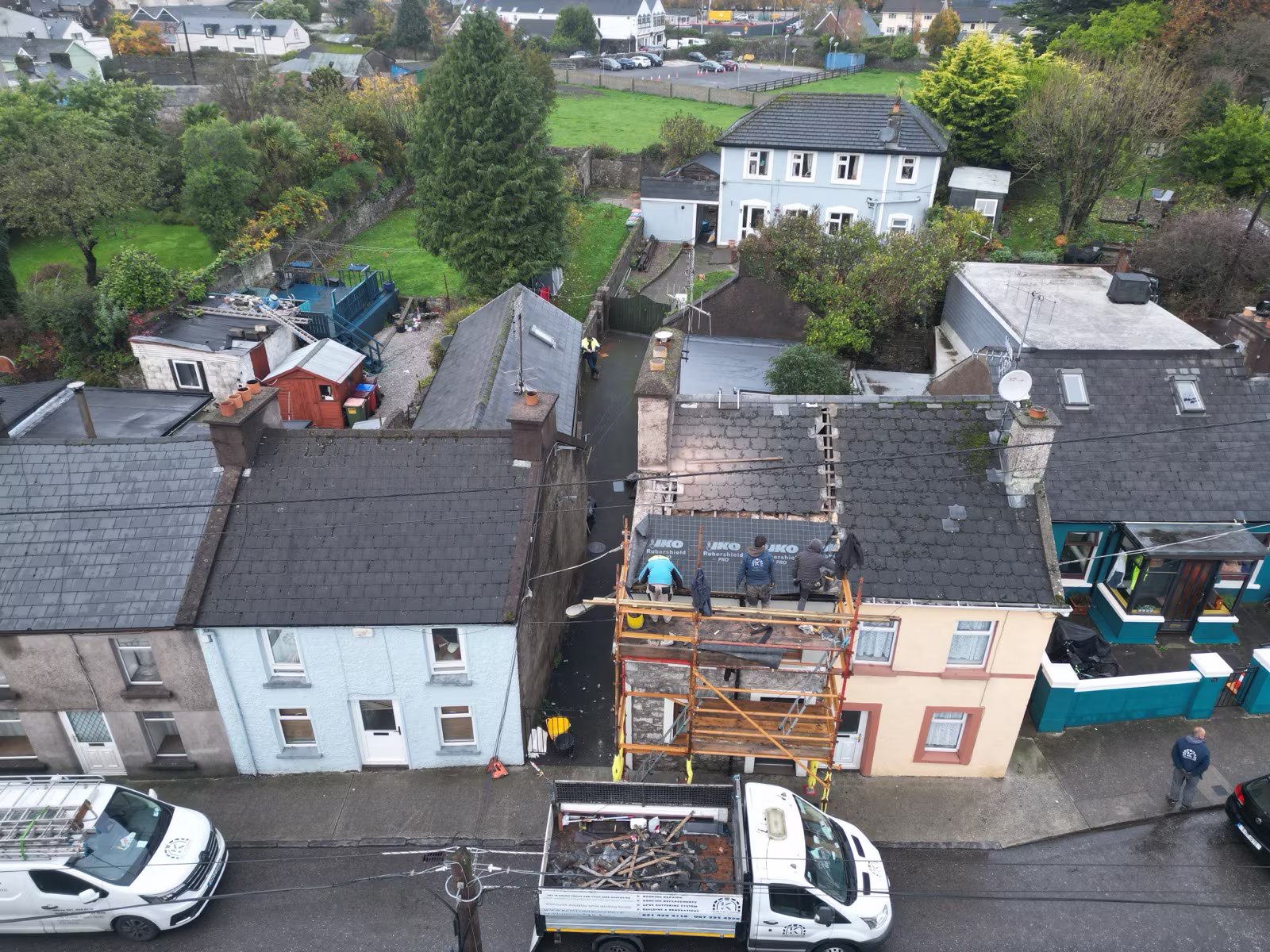 Aerial drone survey of a Cork roof by Keystone Roofing's licensed drone operator